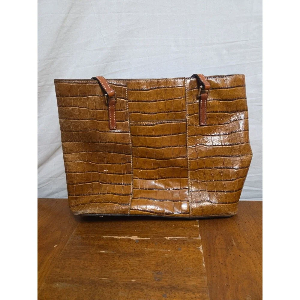 Dooney & Bourke Croc Embossed Leather Tote Large Shoulder Bag Purs Cognac Brown